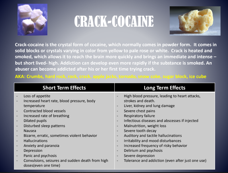 Educational poster comparing crack cocaine short- and long-term effects with photos of rocks and a pipe.