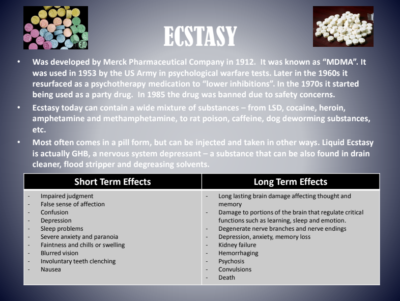Ecstasy drug facts infographic with pill photo, effects, and short-term versus long-term effects tables