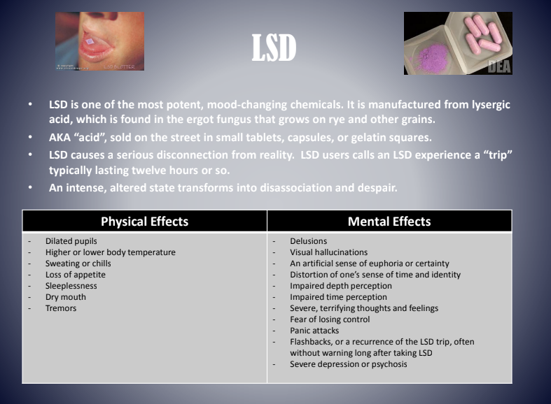 LSD information infographic with tongue graphic, bullets, and table of physical and mental effects