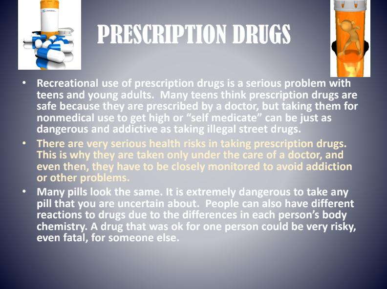 Prescription drugs warning poster with pill bottles and bullet points about misuse risks