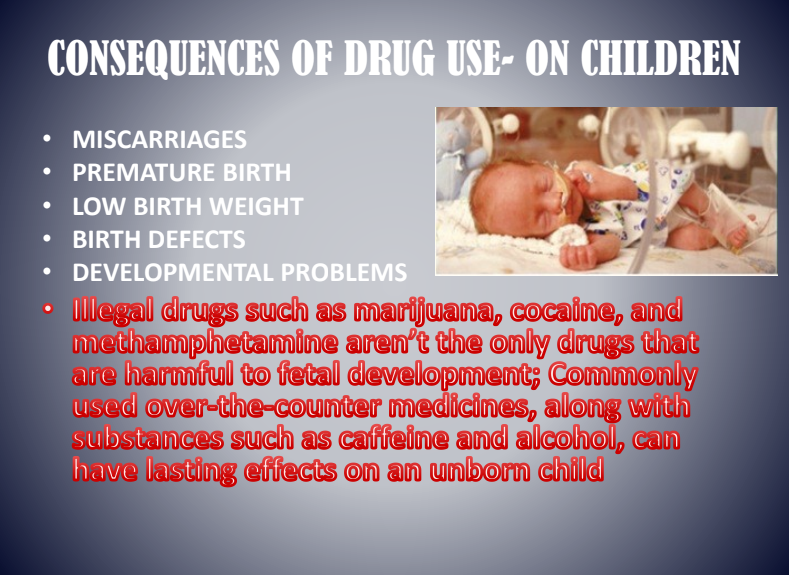Poster on drug use consequences for children, with bullet points and baby photos on a blue background