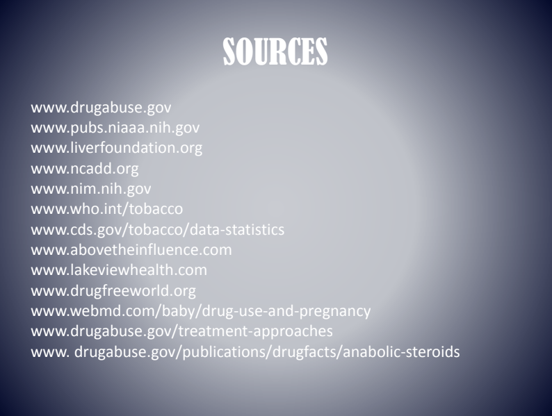 Sources list on a gray background with multiple white website URLs.