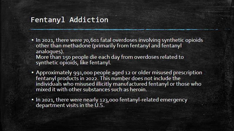 Dark slide titled “Fentanyl Addiction” with three white bullet points and a blurred hospital hallway background