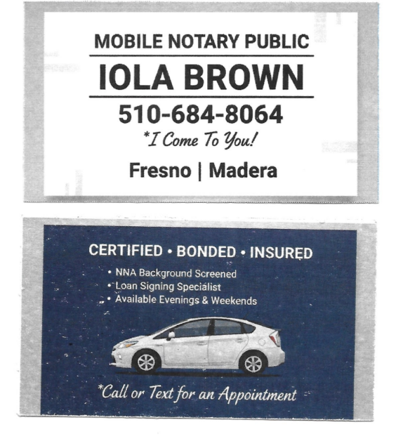 Mobile notary public business cards for Iola Brown; top white, bottom blue with car and contact info.
