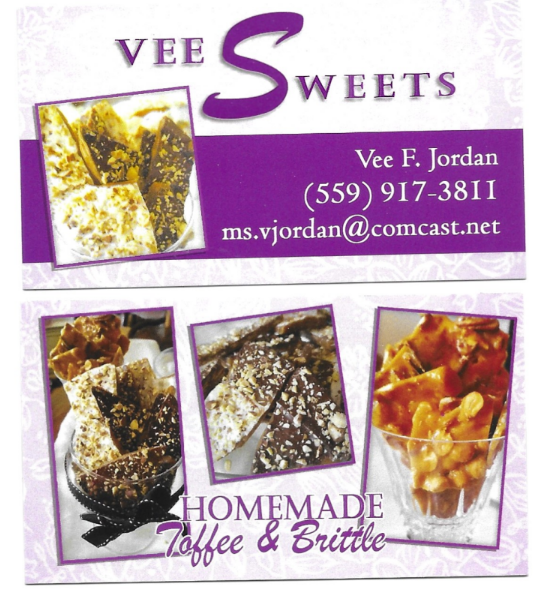 Vee Sweets flyer with purple text and photos of homemade toffee and brittle, plus contact info