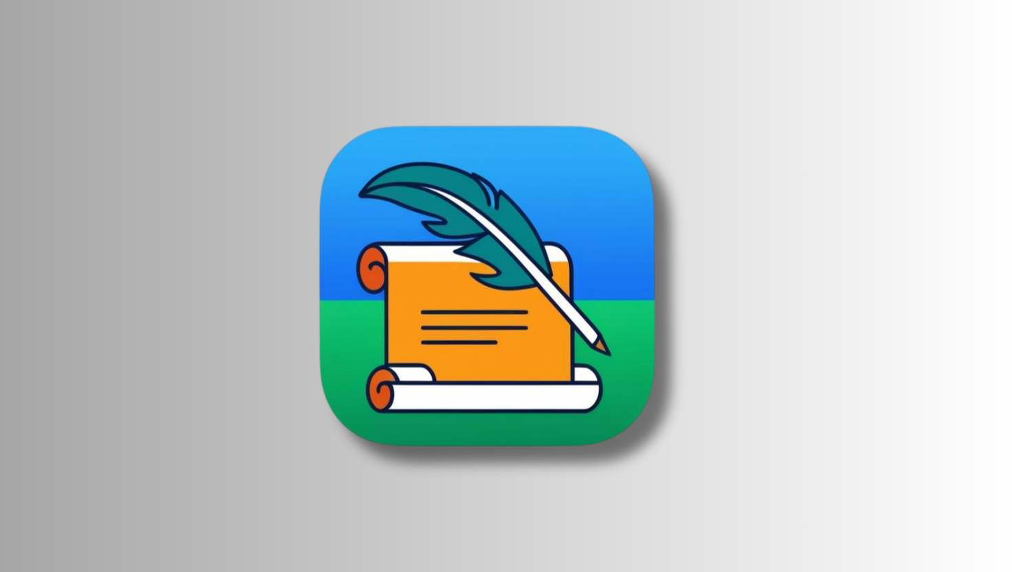 Blue and green app icon with an orange scroll and quill pen