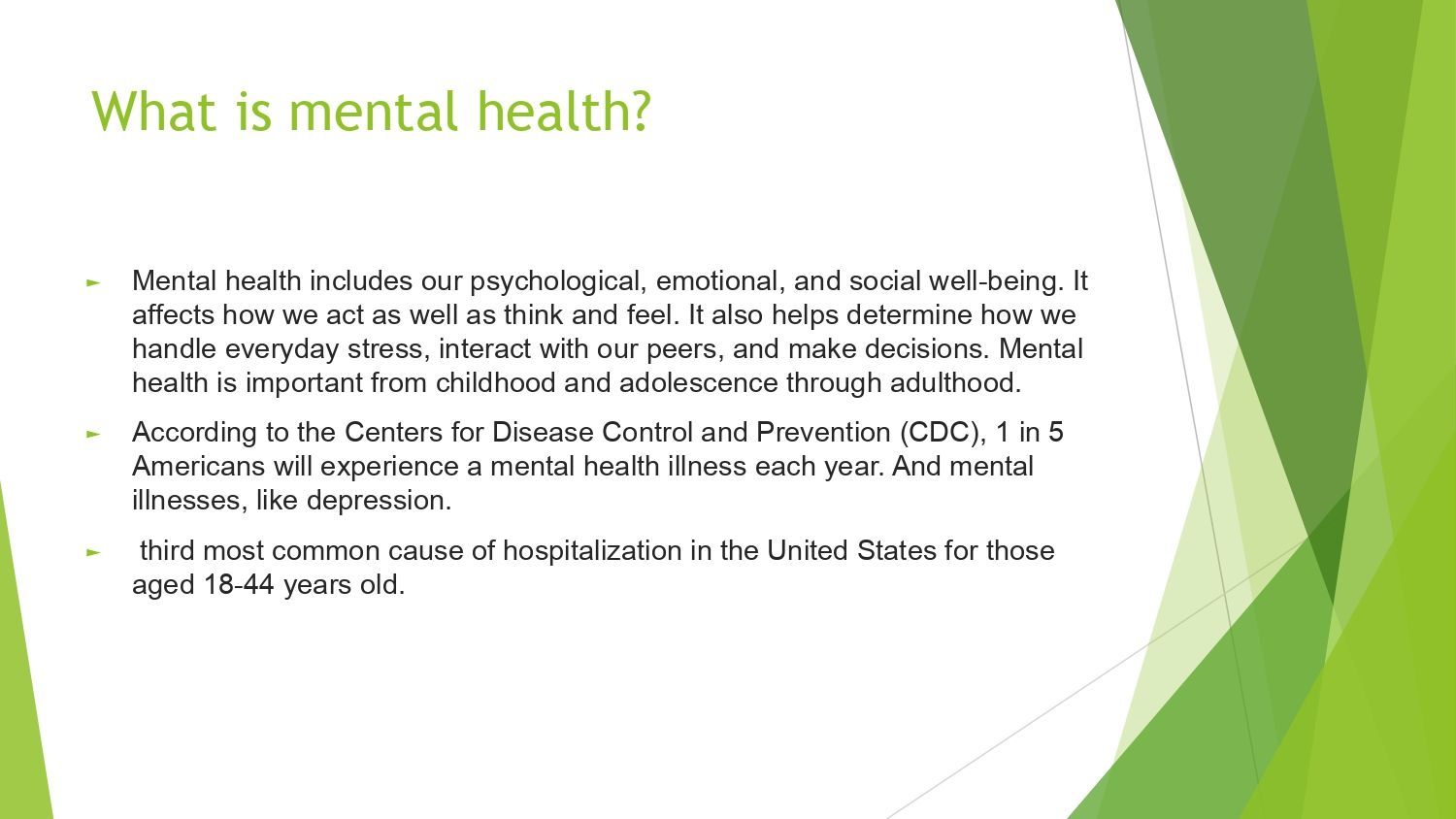 Green presentation slide titled “What is mental health?” with bullet points defining mental health and citing CDC/NIMH.