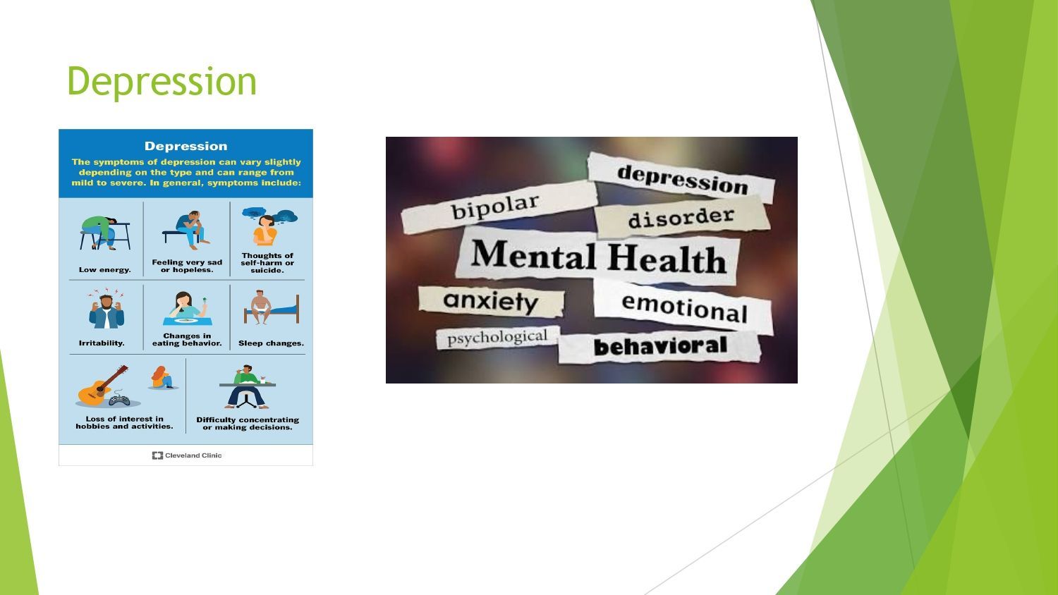 Slide on depression with a blue infographic and a Mental Health word collage on a white-green background