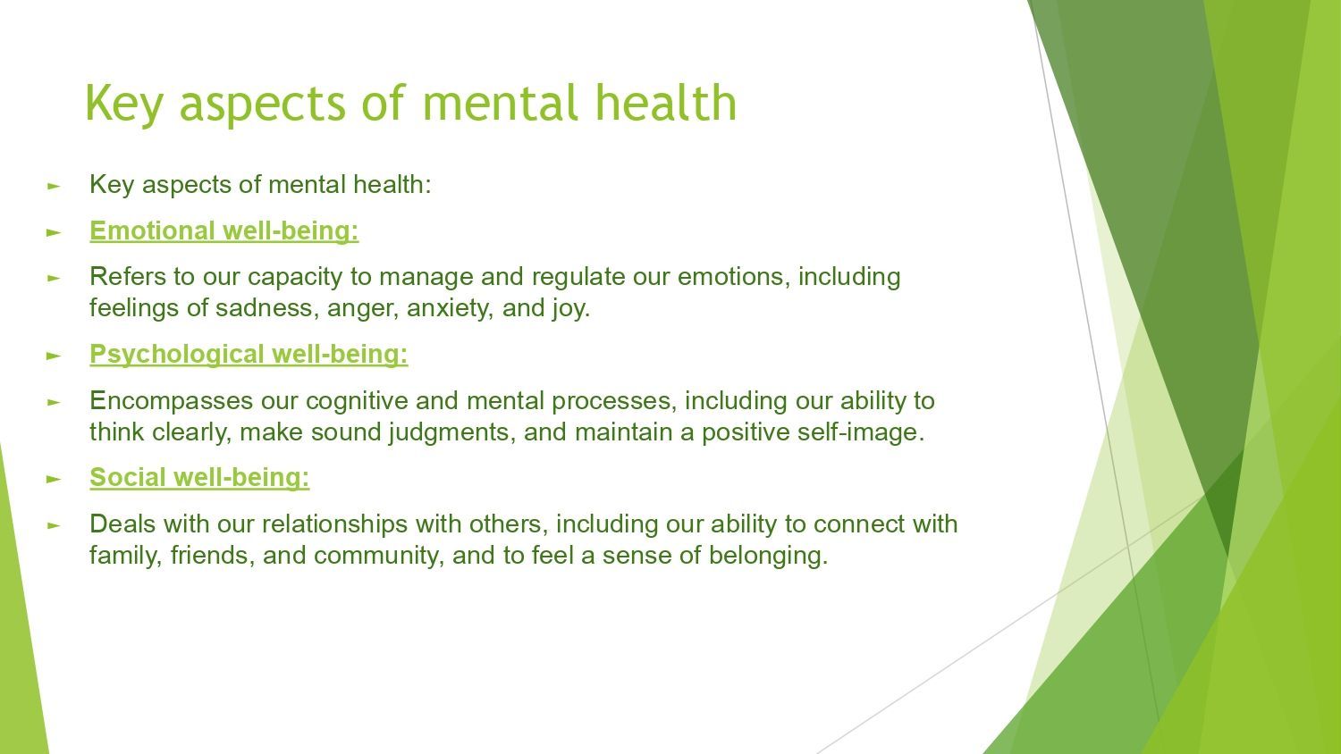 Slide titled “Key aspects of mental health” with green bullet points on a white and green abstract background.