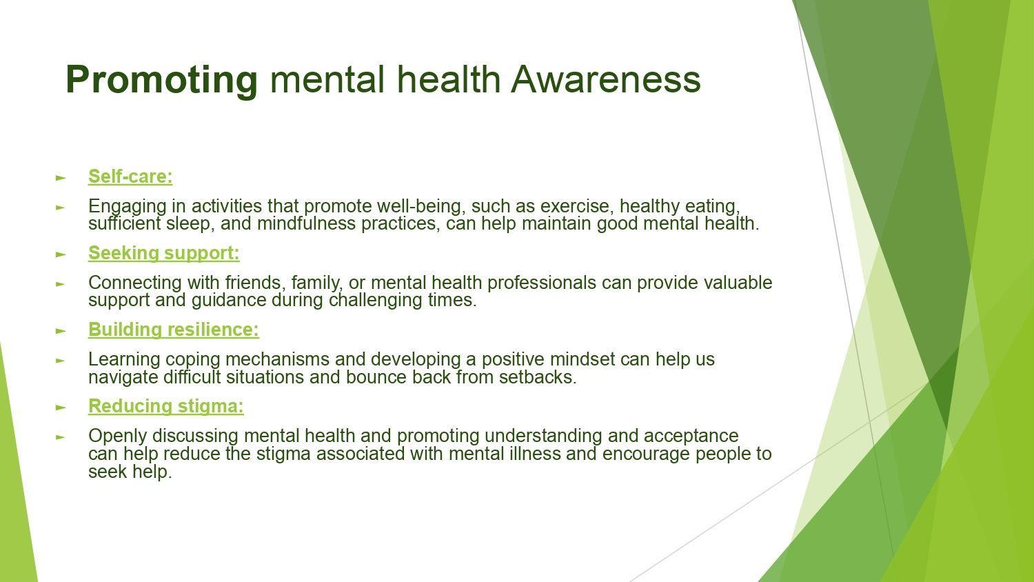 Green-themed slide titled “Promoting mental health Awareness” with bullet points on self-care, support, exercise, and sleep.