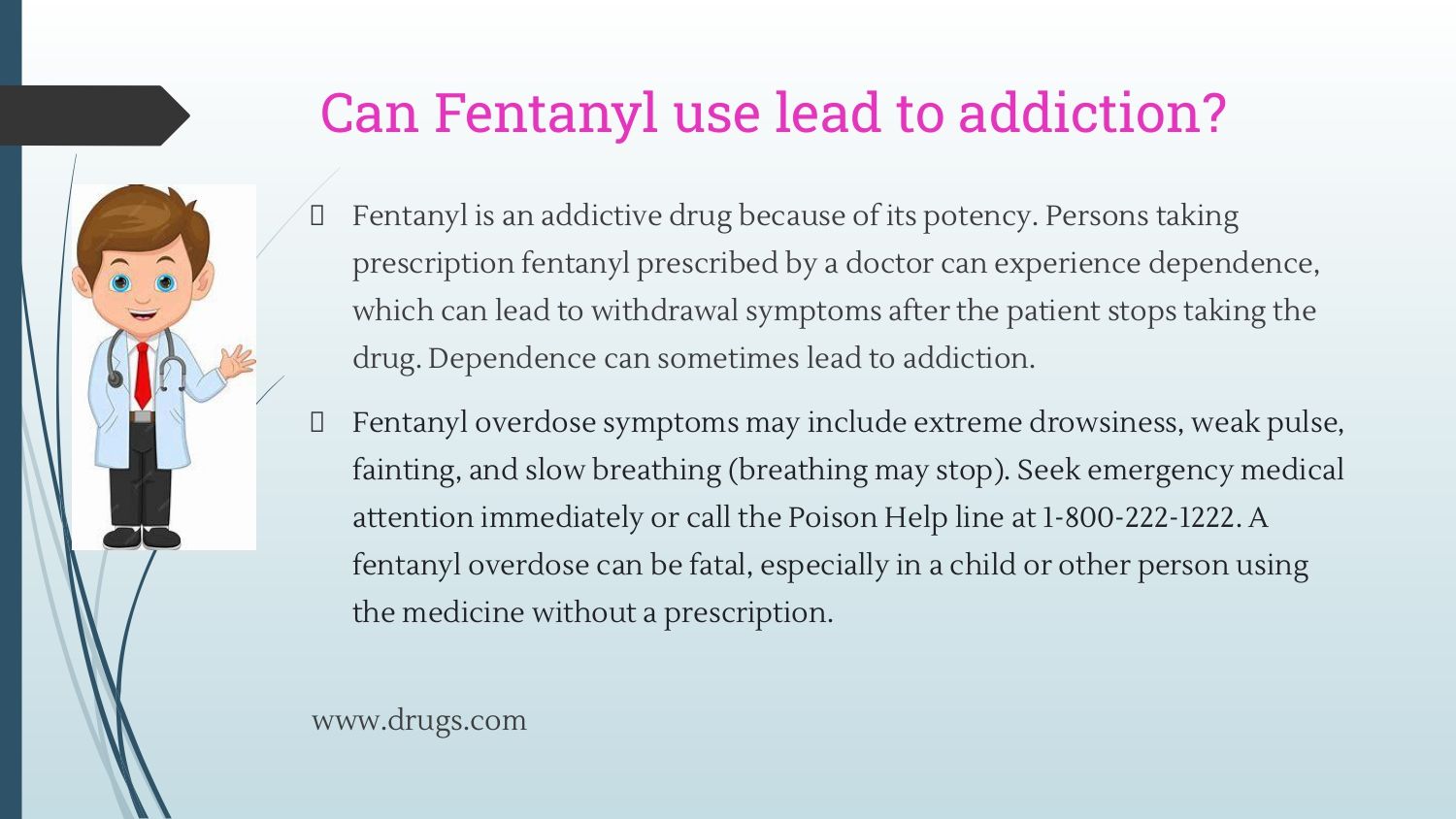 Infographic on fentanyl addiction risk, with cartoon child and bullet-point text on a light blue background