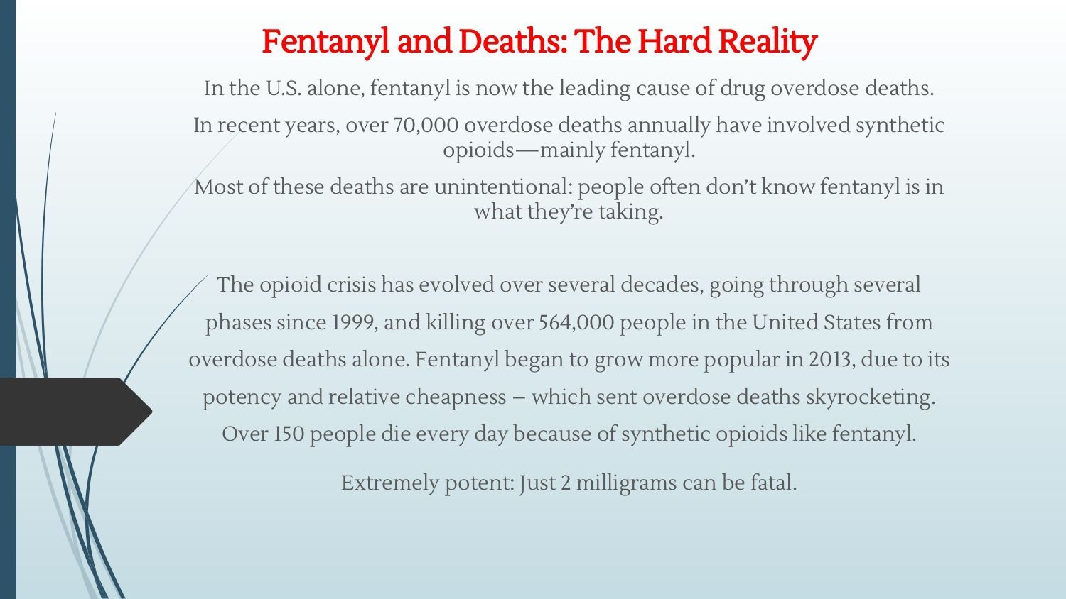 Slide titled “Fentanyl and Deaths: The Hard Reality” with bullet points on opioid overdose deaths and fentanyl risks.