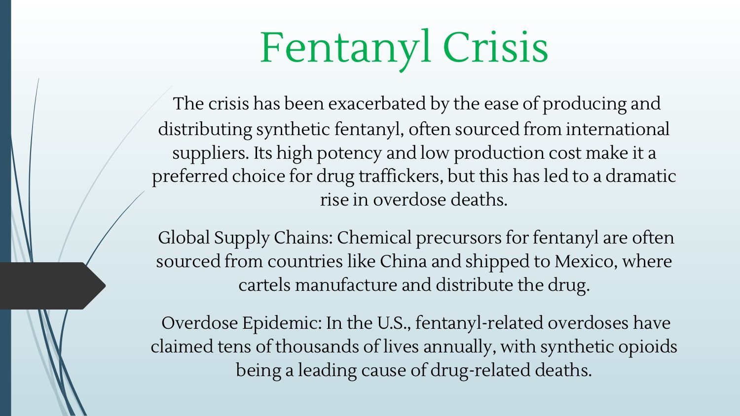 Slide titled “Fentanyl Crisis” with three short paragraphs on the fentanyl supply chain and overdose epidemic.