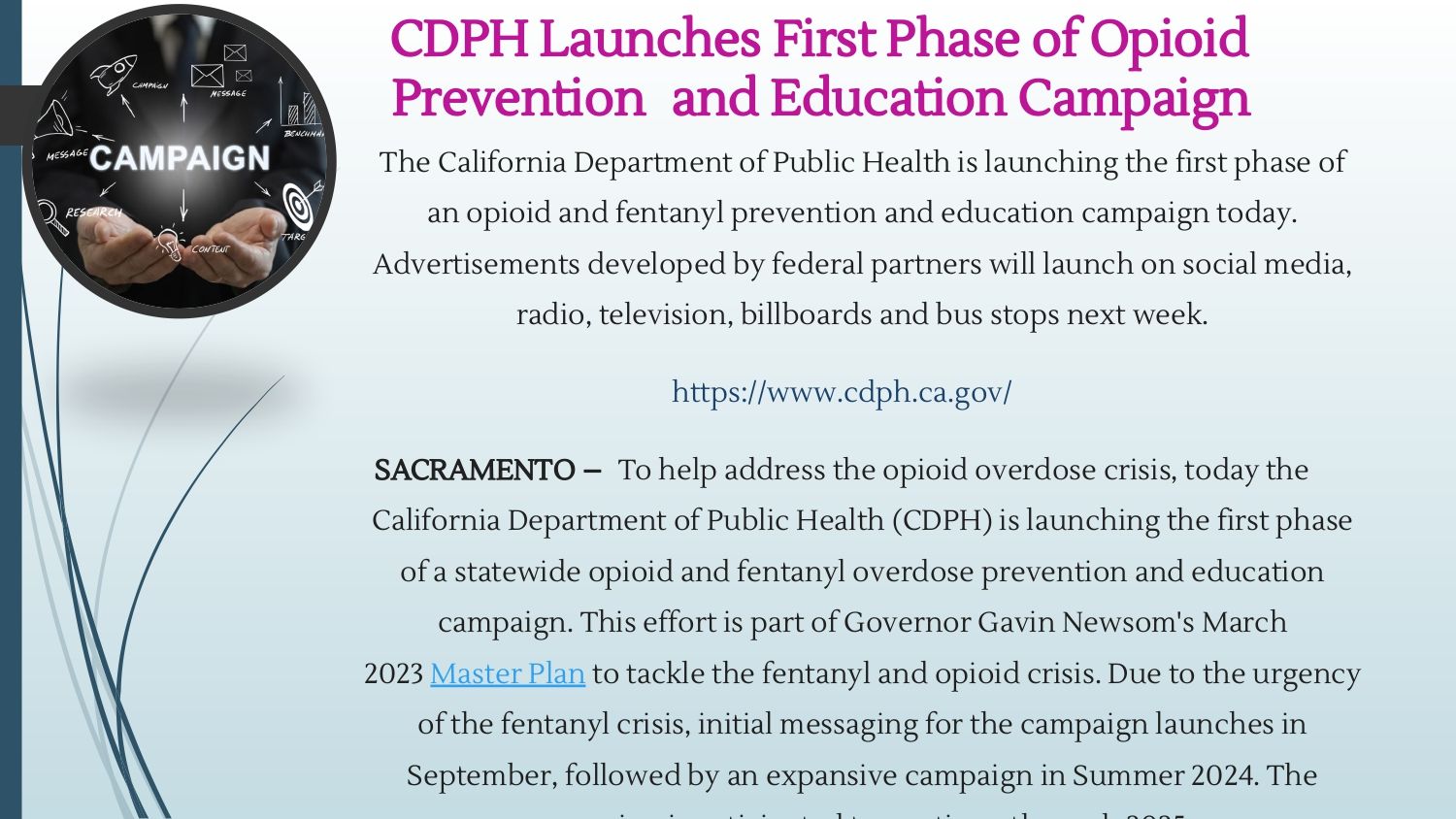 CDPH opioid prevention and education campaign flyer with campaign logo and Sacramento contact details