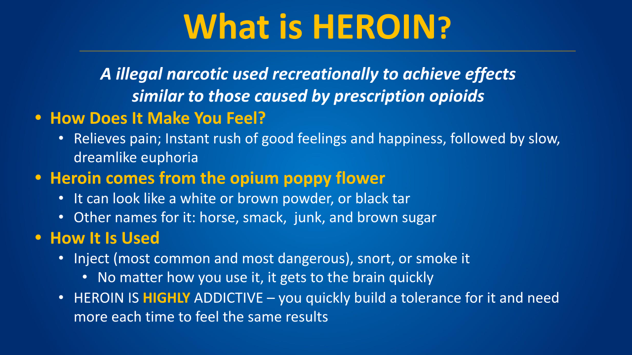 Blue slide titled “What is HEROIN?” with yellow text and bullet points explaining effects, addiction, and risk.