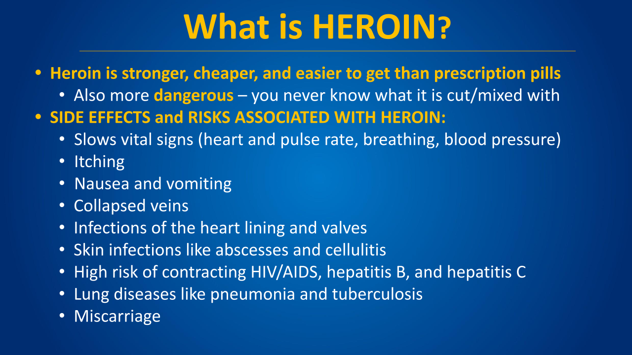 Slide titled “What is HEROIN?” with bullets on effects, risks, and addictive dangers.
