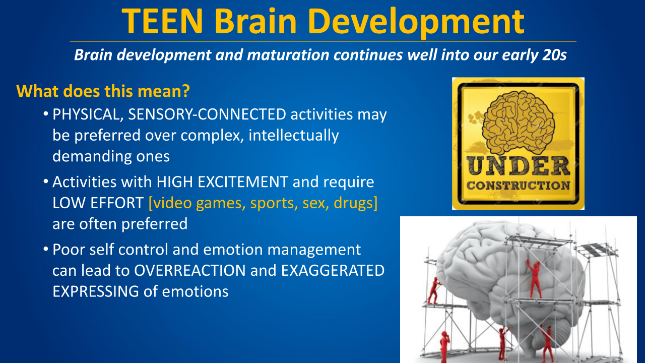 Teen brain development slide with bullets and yellow “UNDER CONSTRUCTION” sign, blue background