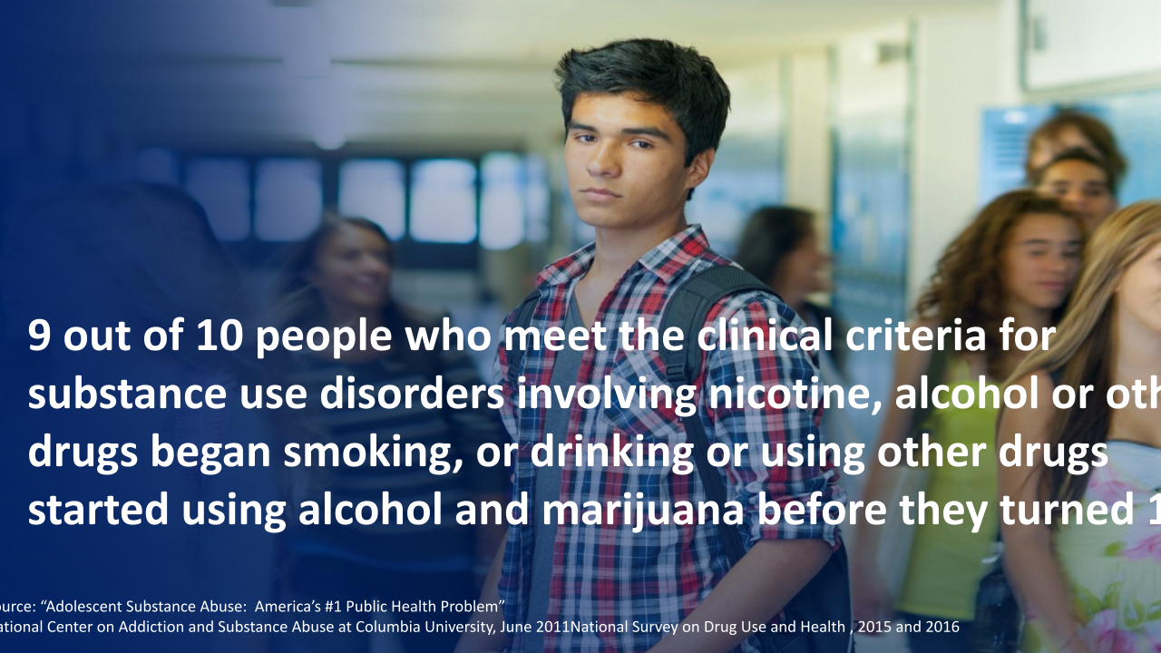 Teen in school hallway with text about substance use starting before age 18