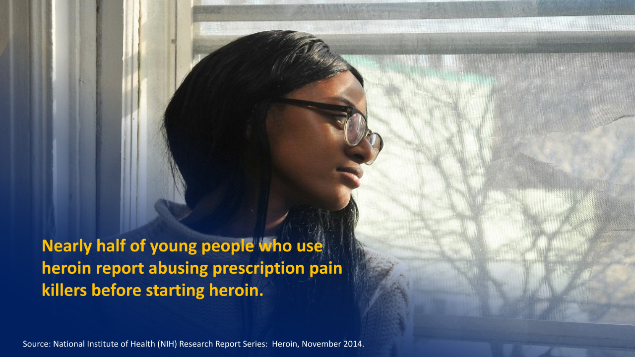 Person in glasses looks out a window; text warns that nearly half of young people who use heroin start with prescription