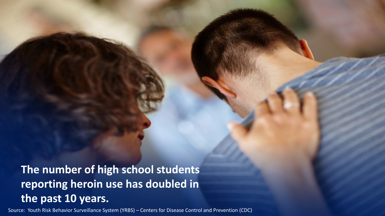 Two teens sit close together, one with head in hands; text says high school heroin use doubled in 10 years.