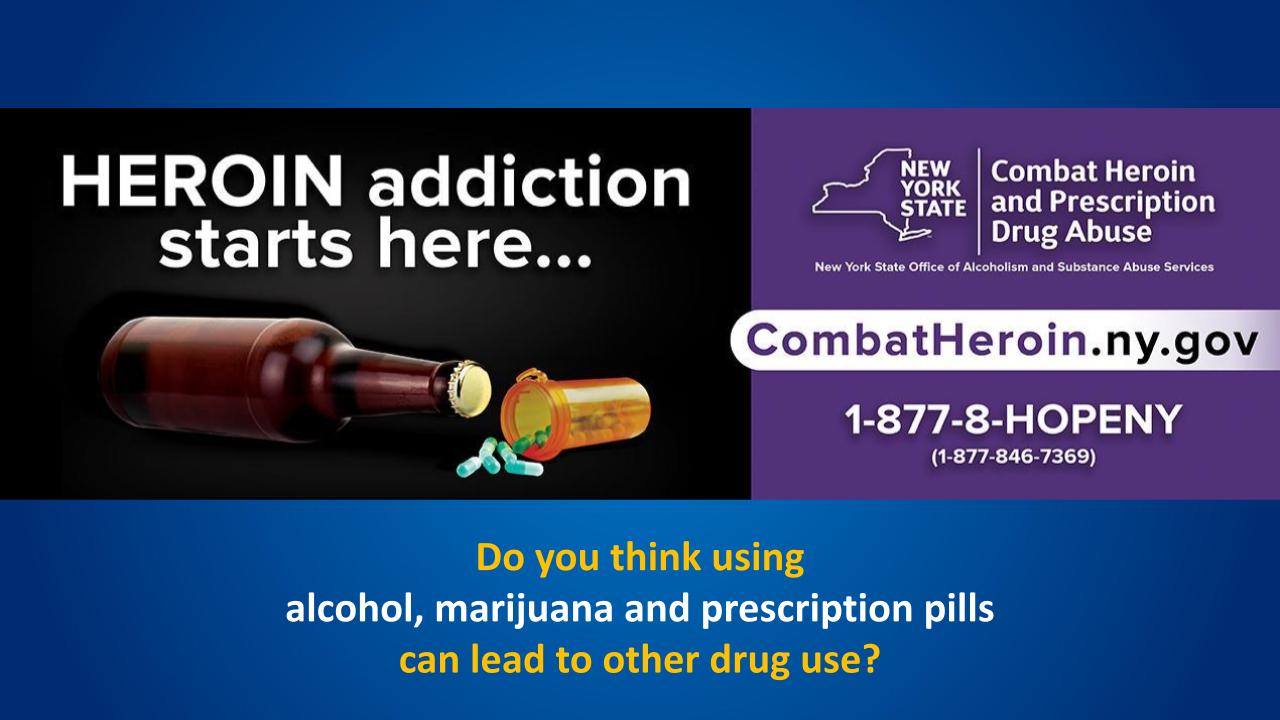 Anti-drug PSA: “Heroin addiction starts here” beside pills, with NY Combat Heroin hotline and website.