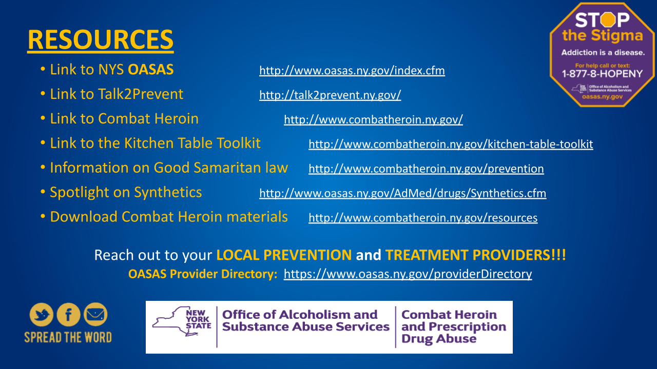 Blue resource poster listing local prevention and treatment links, with Stop the Stigma logo and health department logos.