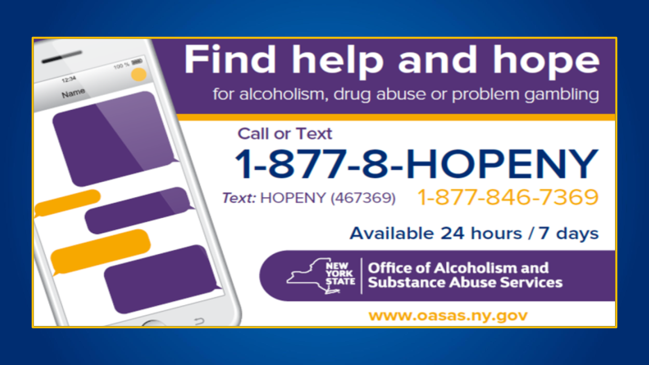 Hotline poster: “Find help and hope” for alcohol, drug, and problem gambling; call 1-877-8-HOPENY.