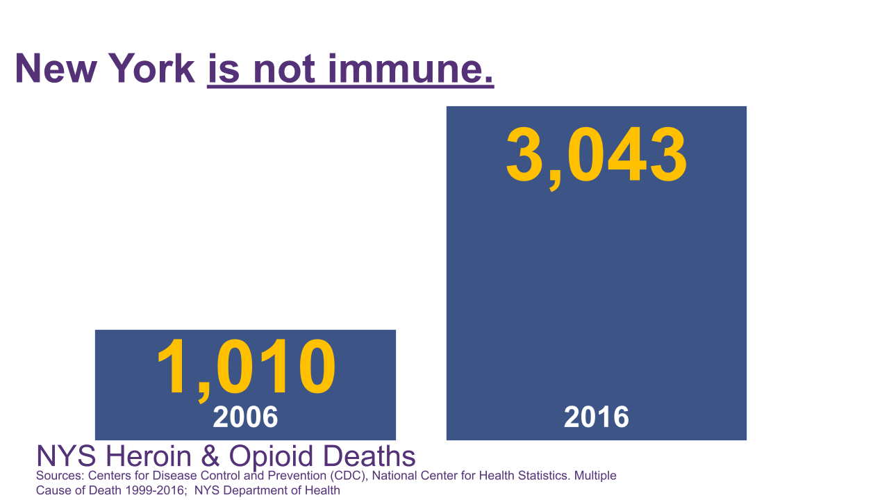 Bar chart showing New York heroin and opioid deaths rising from 1,010 in 2006 to 3,043 in 2016.