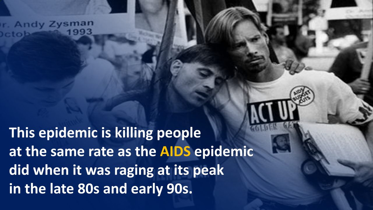 ACT UP protesters embrace under a sign reading “This epidemic is killing people…”