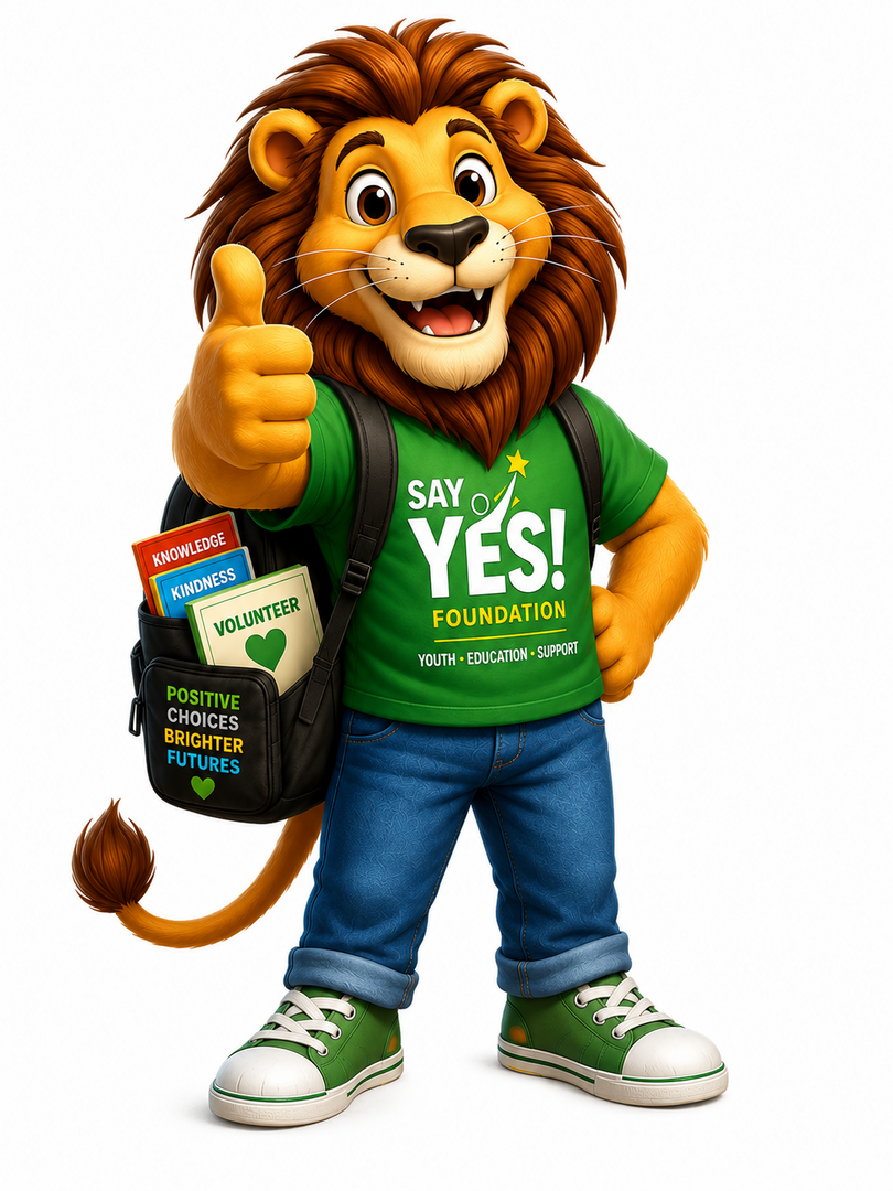 Cartoon lion mascot in green shirt and jeans giving a thumbs-up, carrying school supplies and saying “Say yes!”