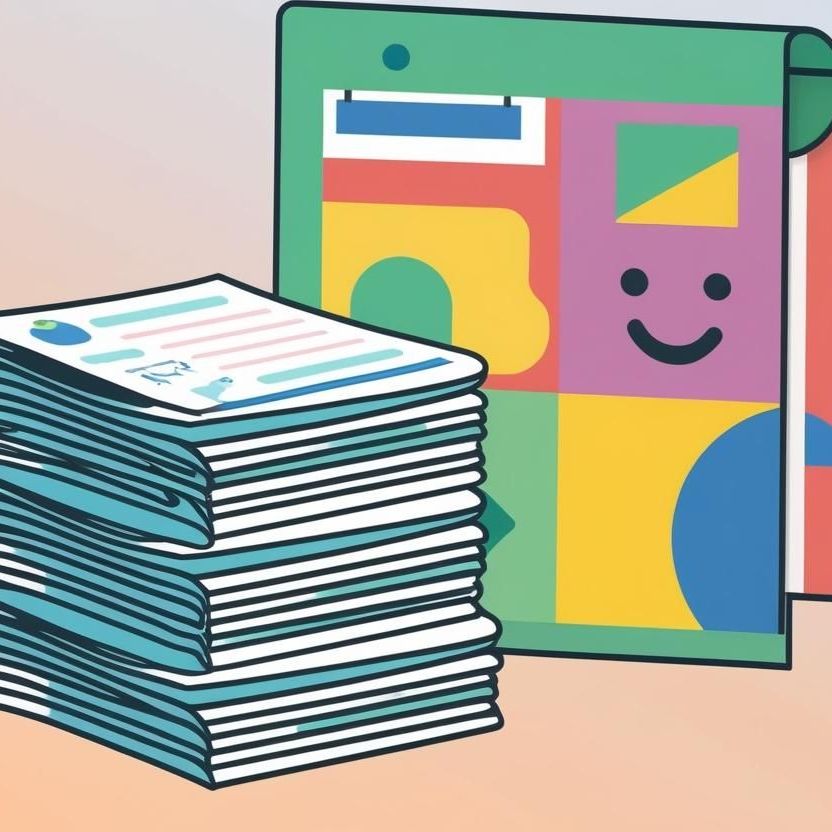 Stack of papers beside a colorful folder with a smiling face icon