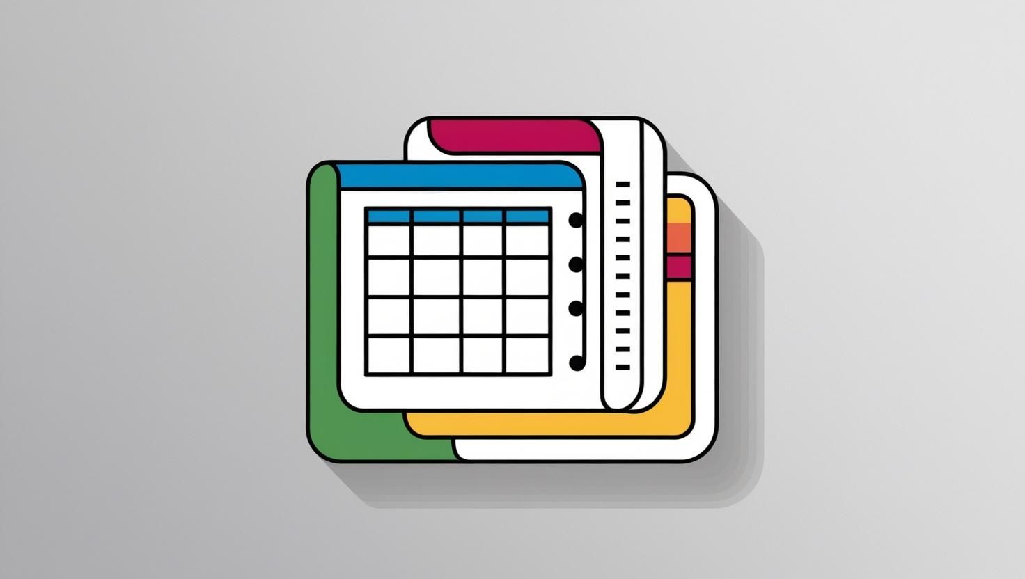 Colorful stacked calendar icons with a grid and spiral binding on a gray background