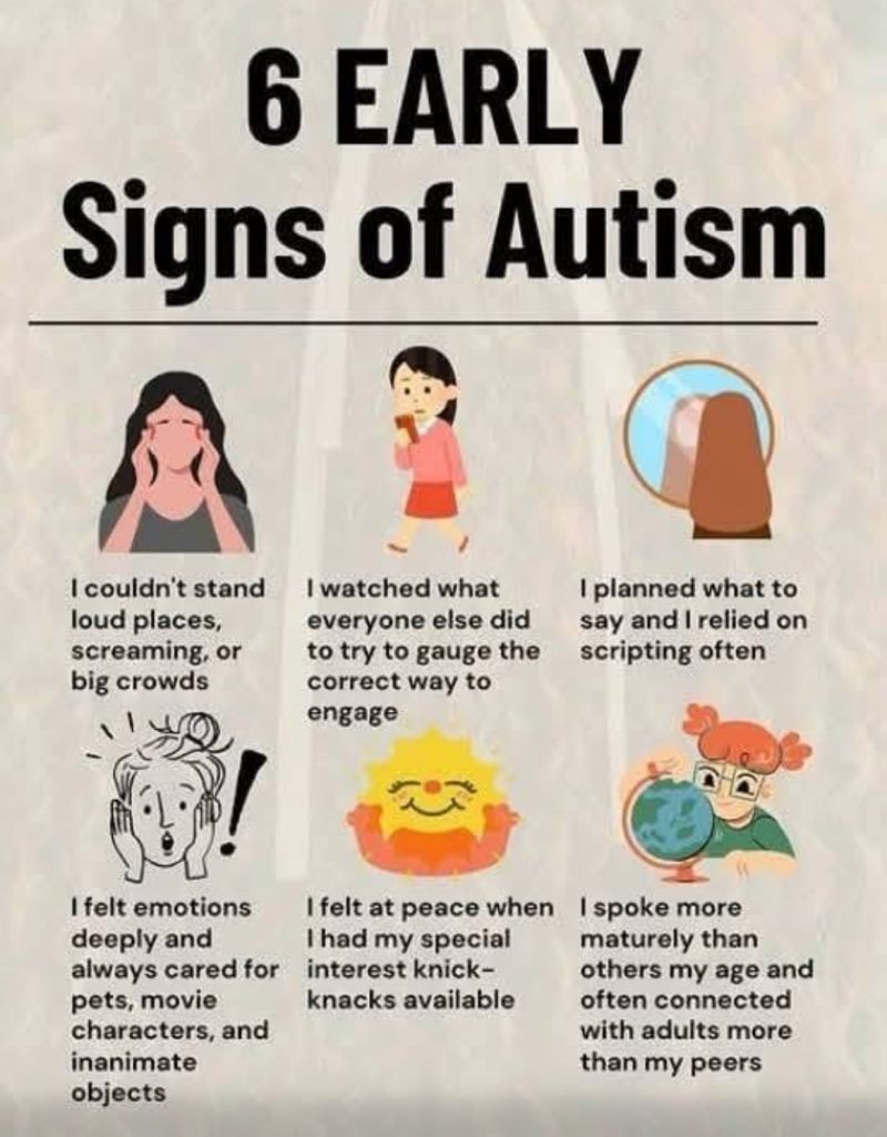 Infographic: 6 Early signs of autism. Illustrations show a person with sensitivities to sounds, copying others, scripting, intense emotions, special interests, and speaking maturely.