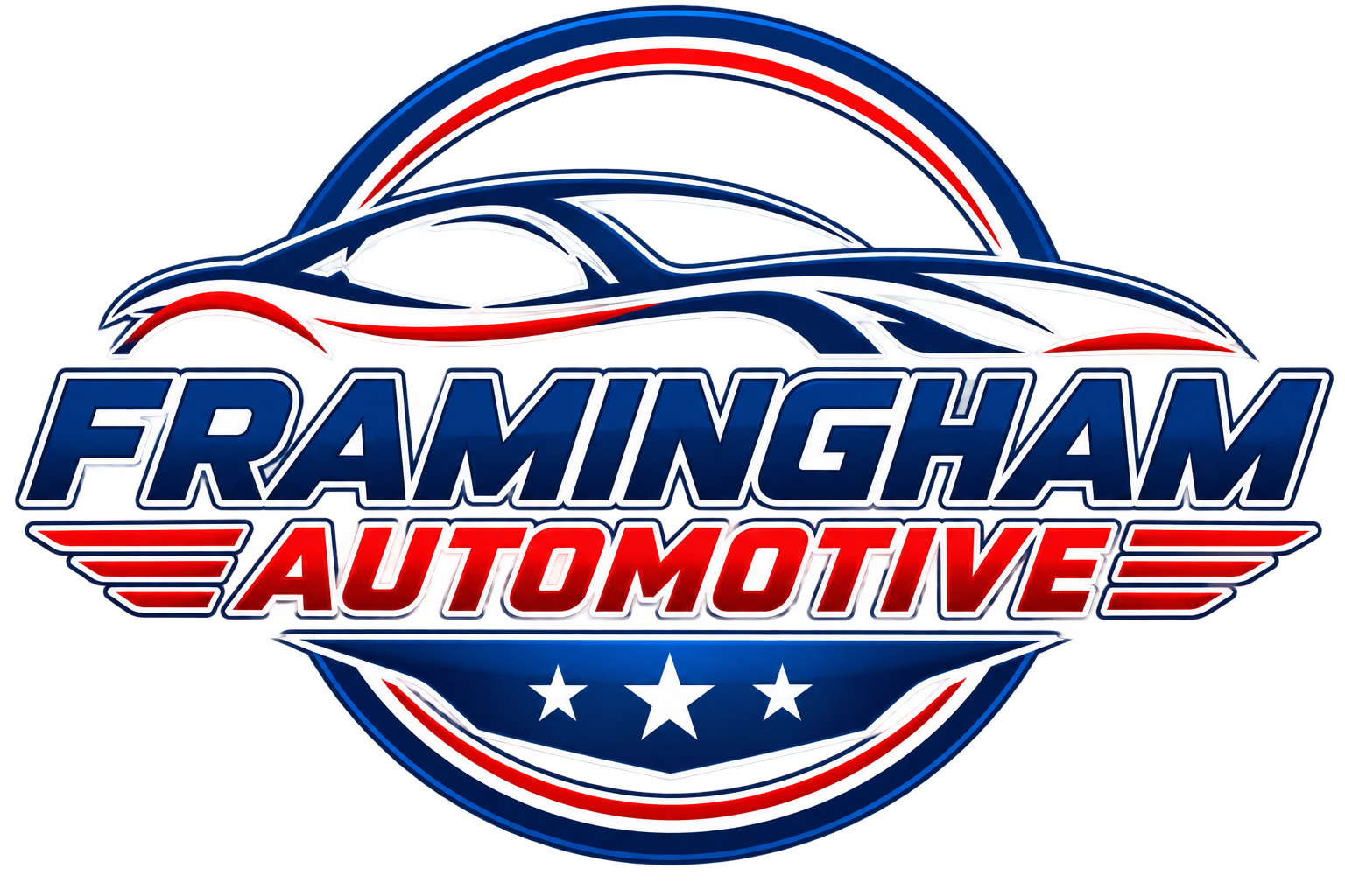 Framingham Automotive logo in blue, red, and white with a car silhouette and stars