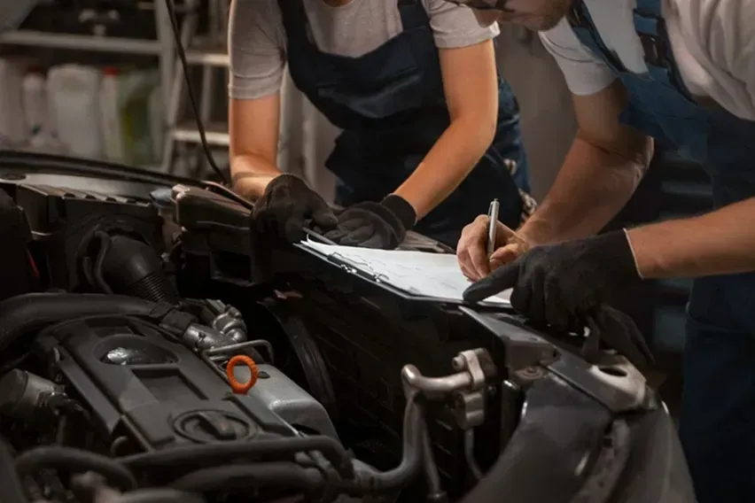 Two mechanics in gloves inspecting a car engine in a garage, one writing on a clipboard