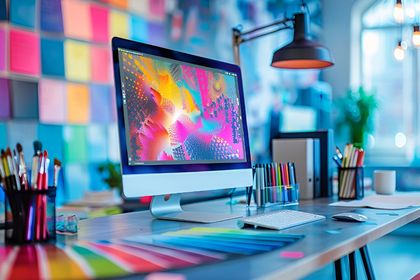 Colorato spazio di lavoro creativo con un iMac, materiali artistici e un vivace design astratto sullo schermo