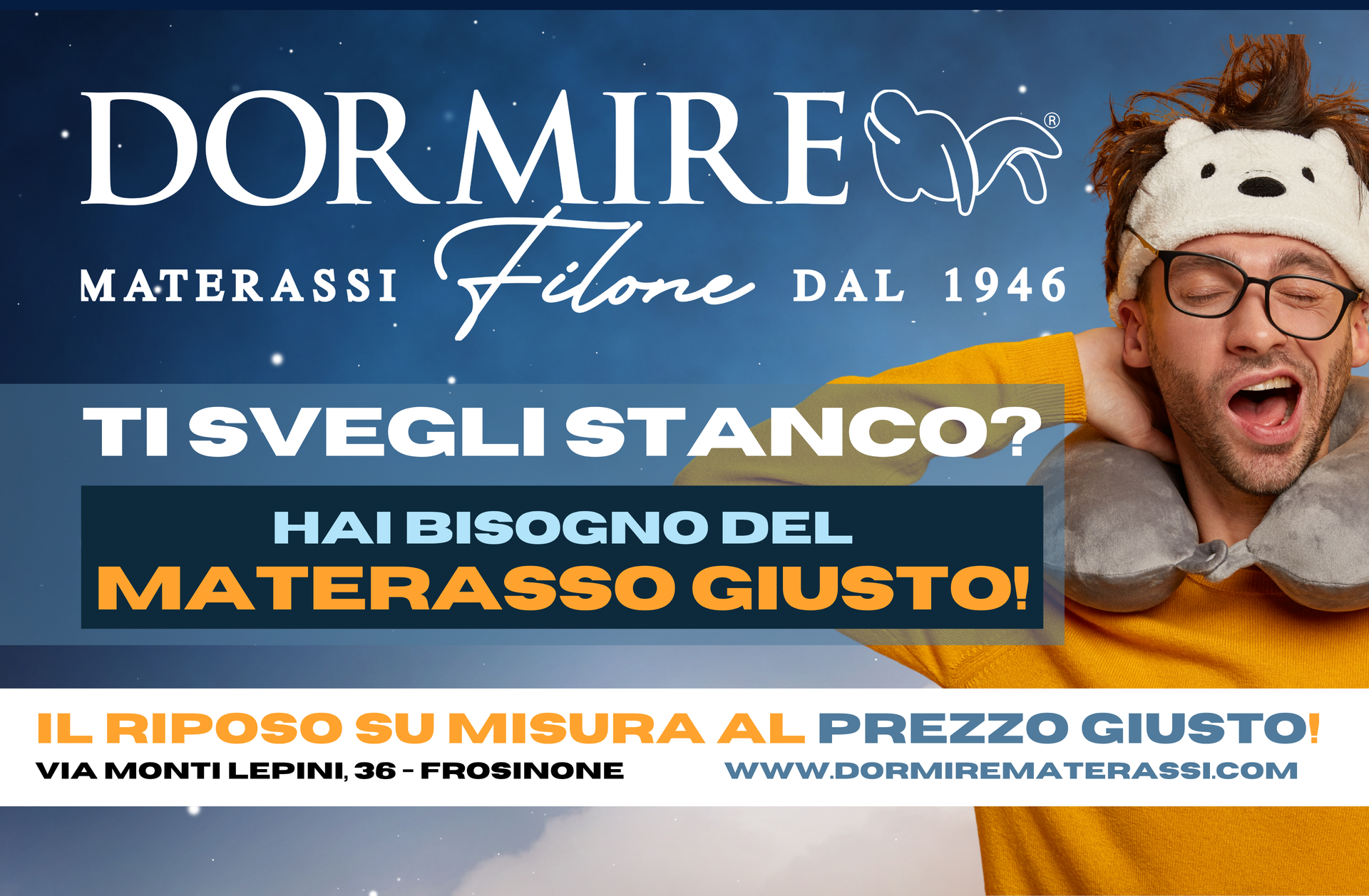 Banner promozionale per Dormire Materassi con testo in italiano sui saldi e un uomo sorridente con una mascherina per dormire