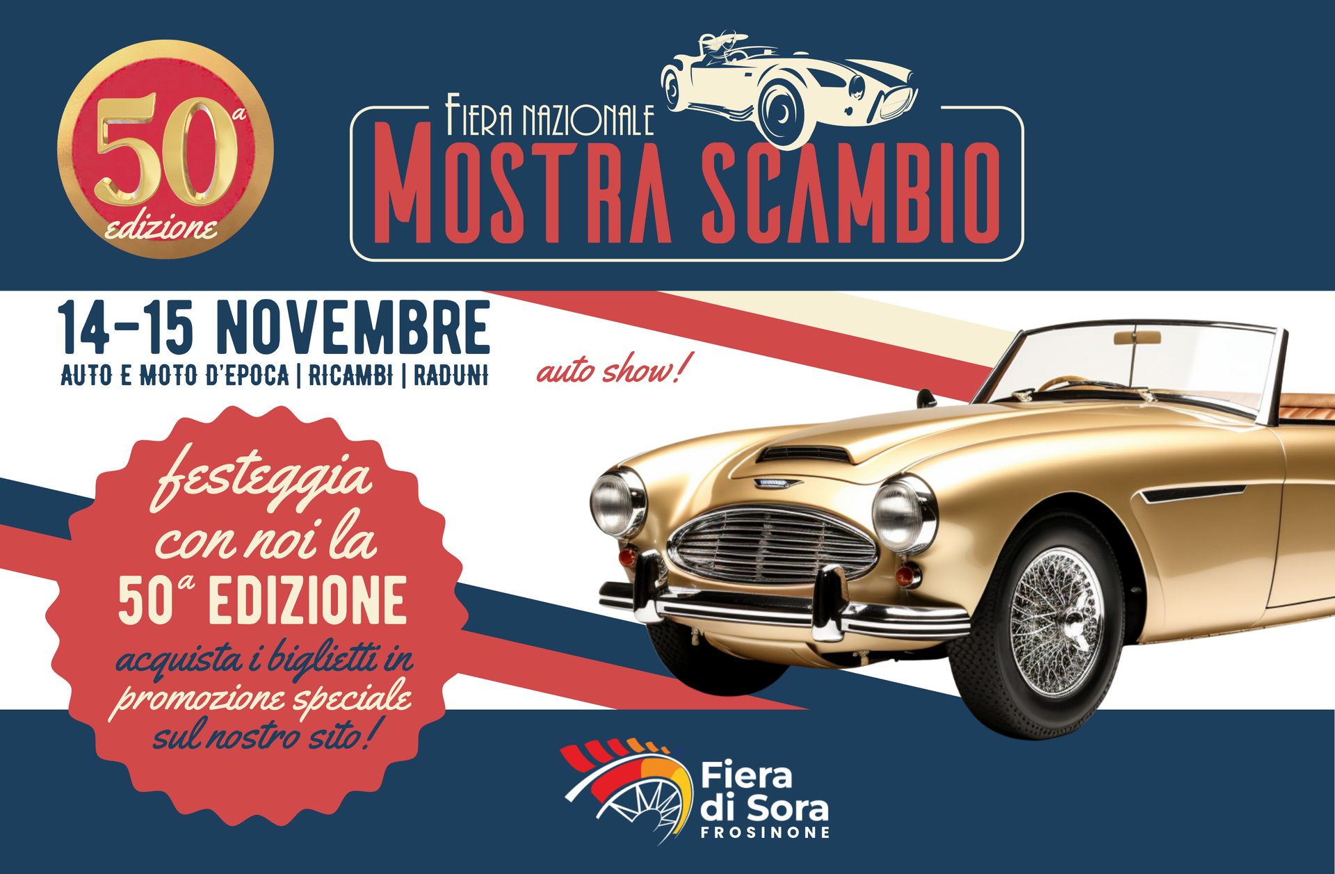Locandina per la 50ª Mostra Scambio, il 14 e 15 novembre, con un’auto d’epoca beige e il logo Fire di Sorio