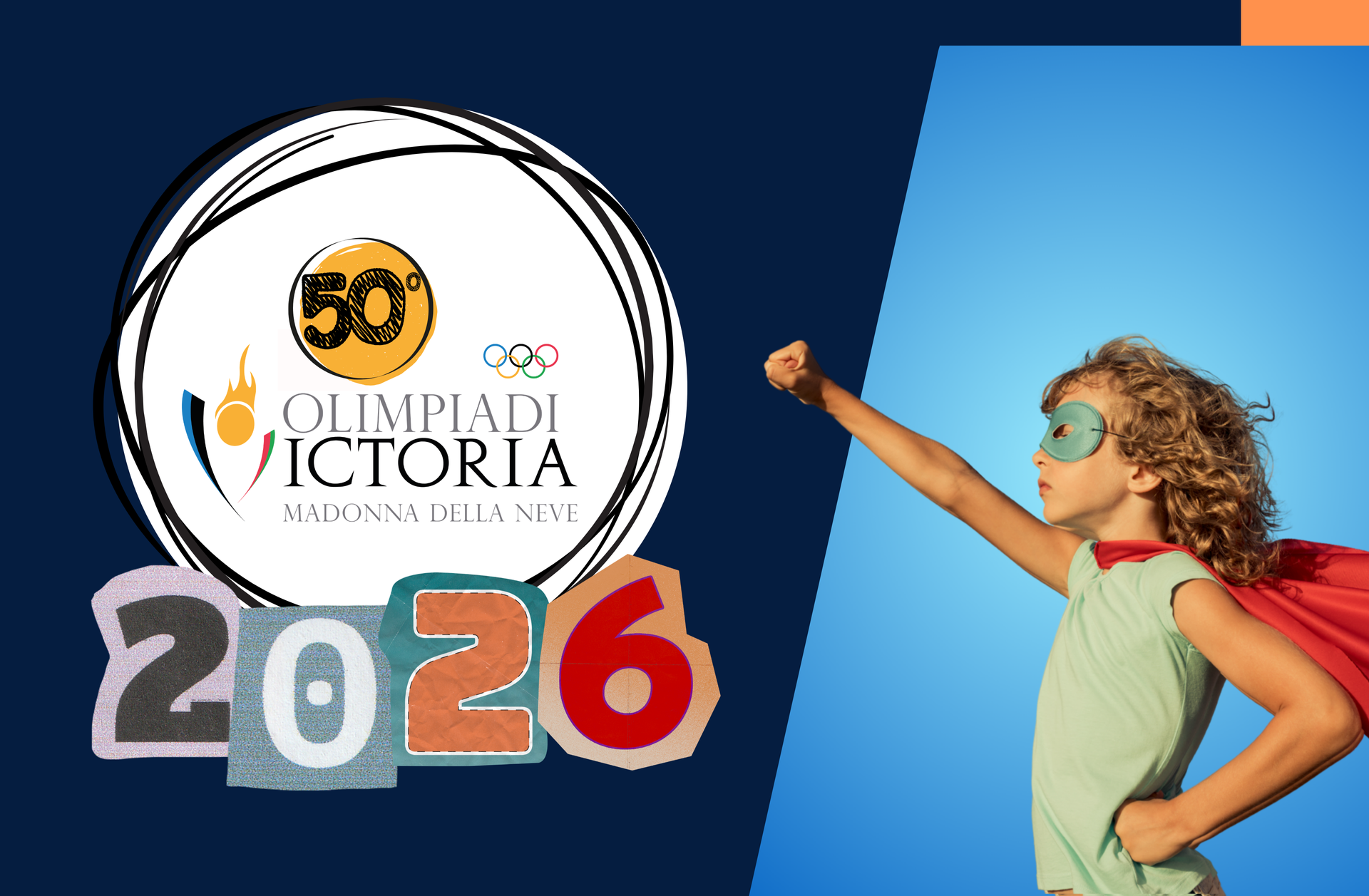 Logo delle Olimpiadi Victoria 2026 accanto a un bambino che indica verso l’alto su uno sfondo blu