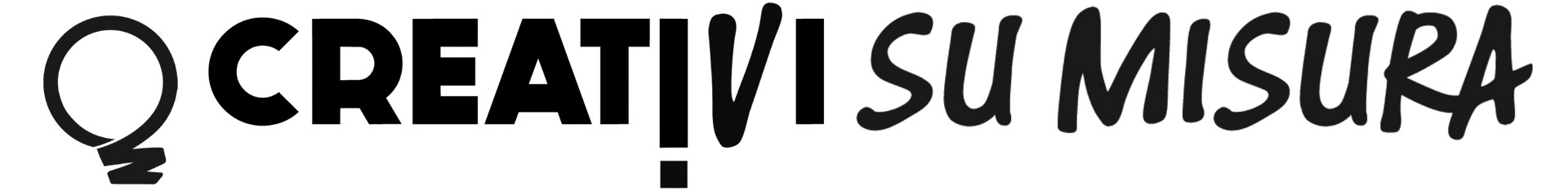 Logo con la scritta «CREATIVI SU MISURA» in nero e un’icona stilizzata di un volto in bianco e nero a sinistra