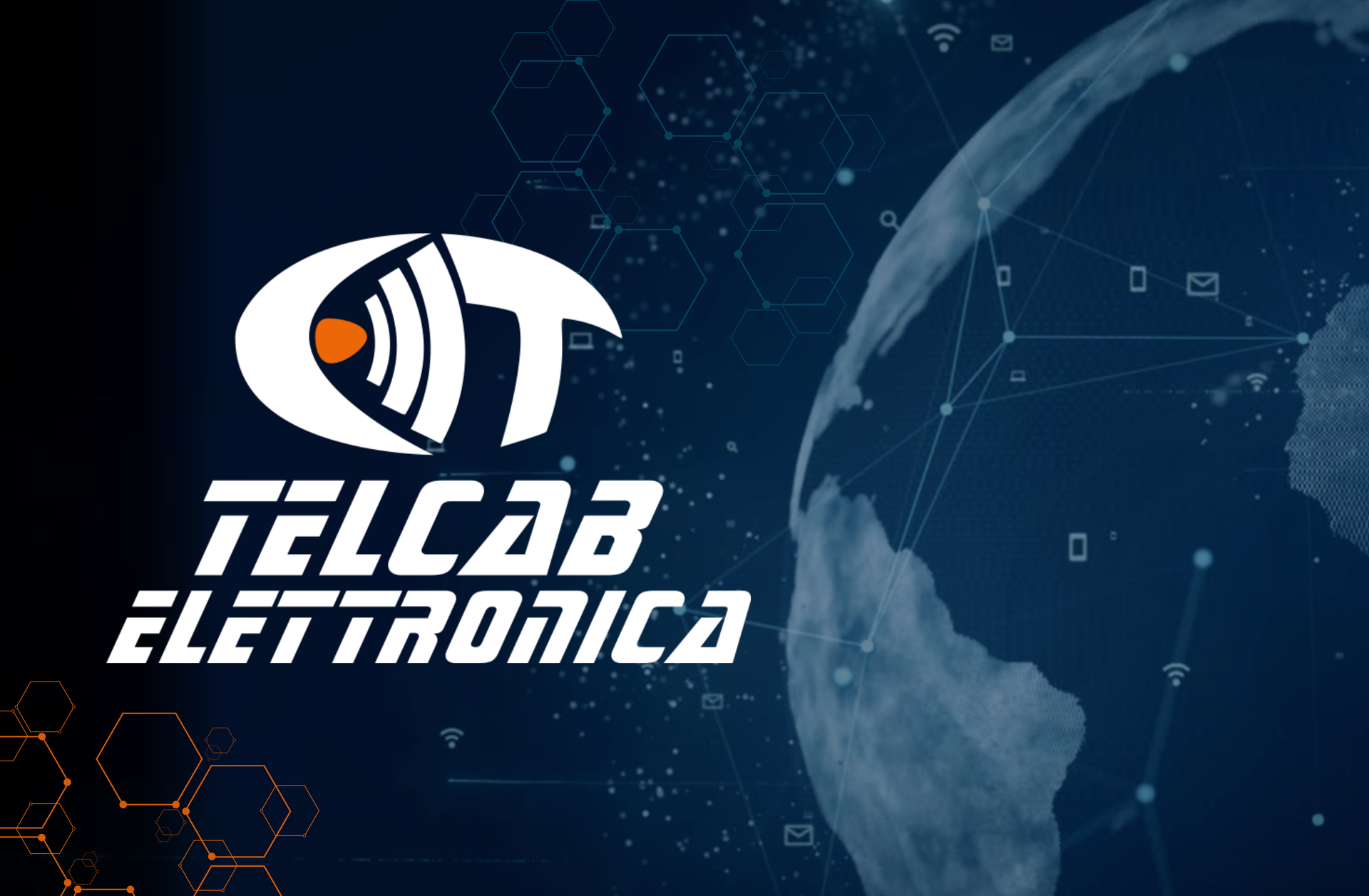 Logo di Telcab Electrónica su uno sfondo blu scuro a tema tecnologico, con un globo e circuiti elettronici
