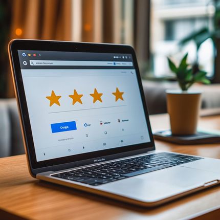 Un laptop su una scrivania mostra una pagina web con una valutazione di 4 stelle