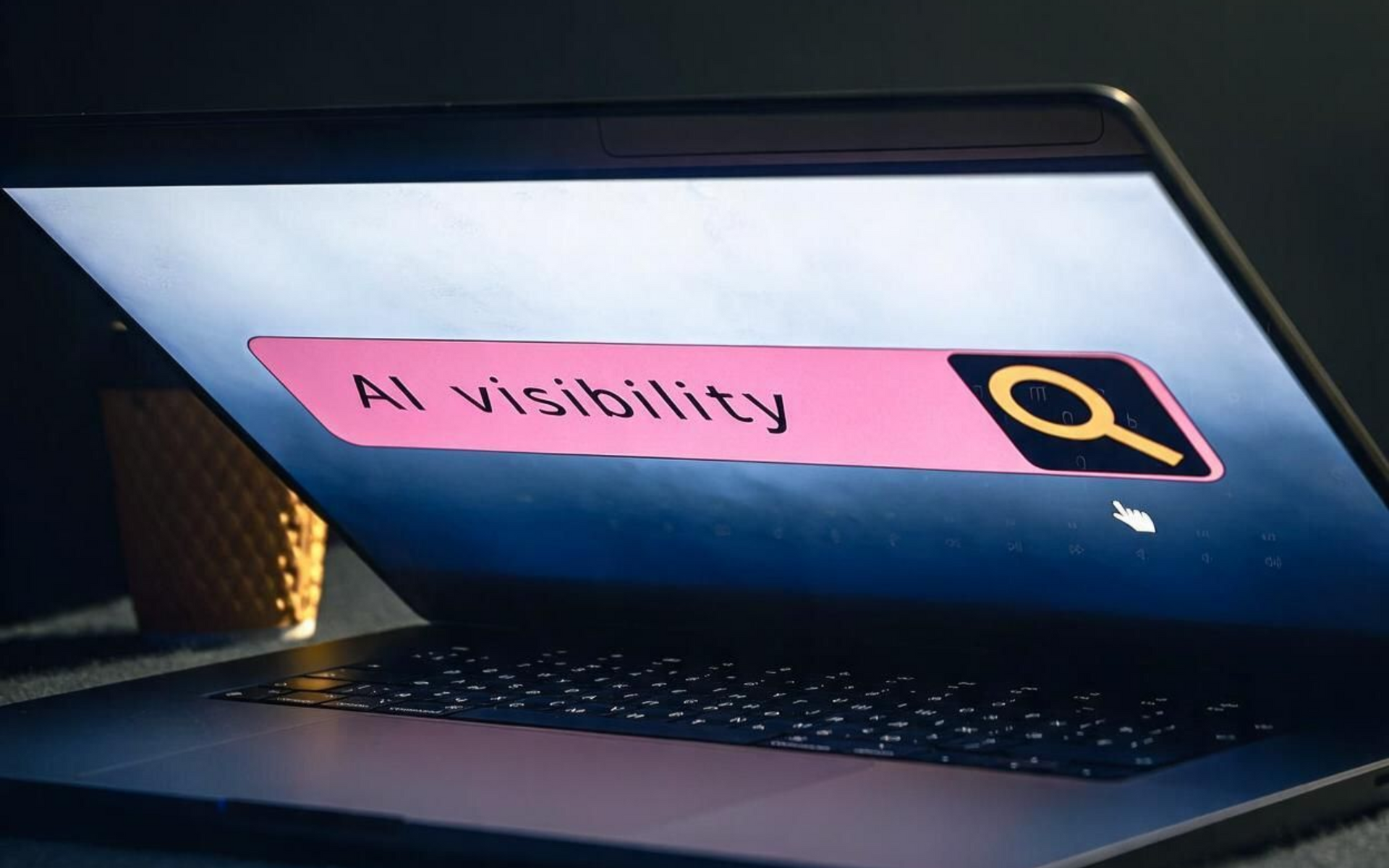 Schermo di un laptop con una barra di ricerca «AI visibility» su uno sfondo rosa e un’icona a forma di lente d’ingrandimento