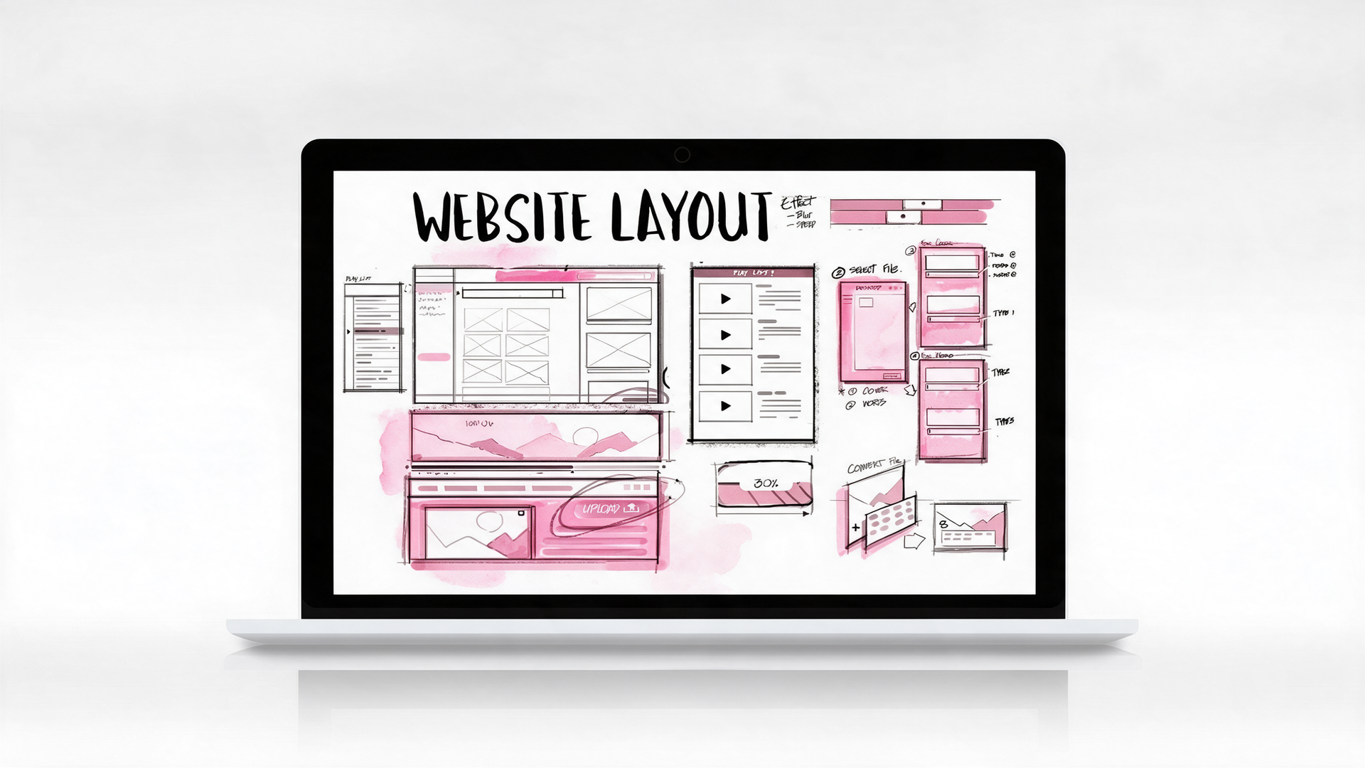 Laptop con un wireframe del layout di un sito web, con sezioni rosa e grigie su uno schermo bianco