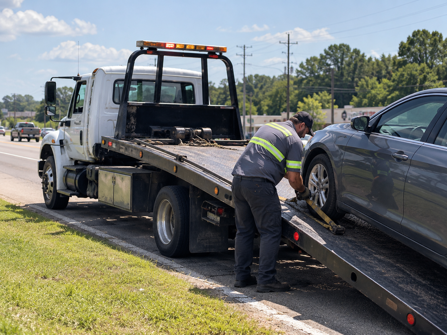 Tow truck operator loading and securing a disabled sedan onto a flatbed