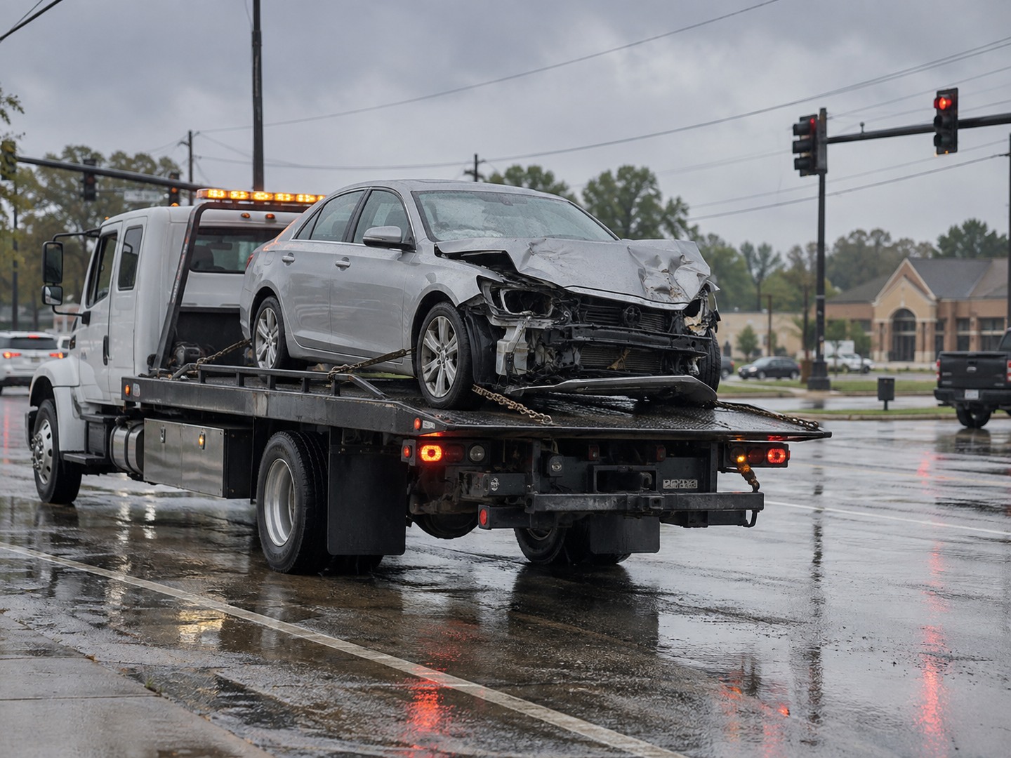 Wrecked silver sedan transported on a flatbed tow truck in wet conditions