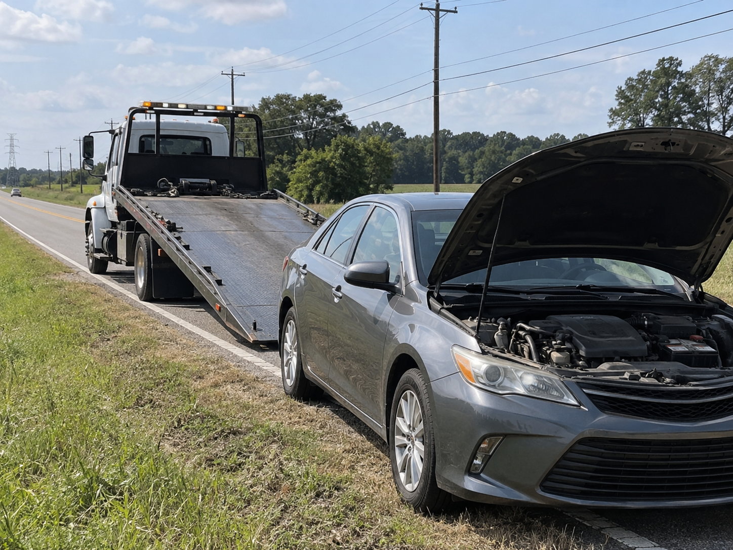 Disabled sedan with the hood raised beside a flatbed tow truck
