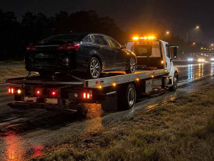 Dark sedan transported on a flatbed tow truck during a nighttime roadside call
