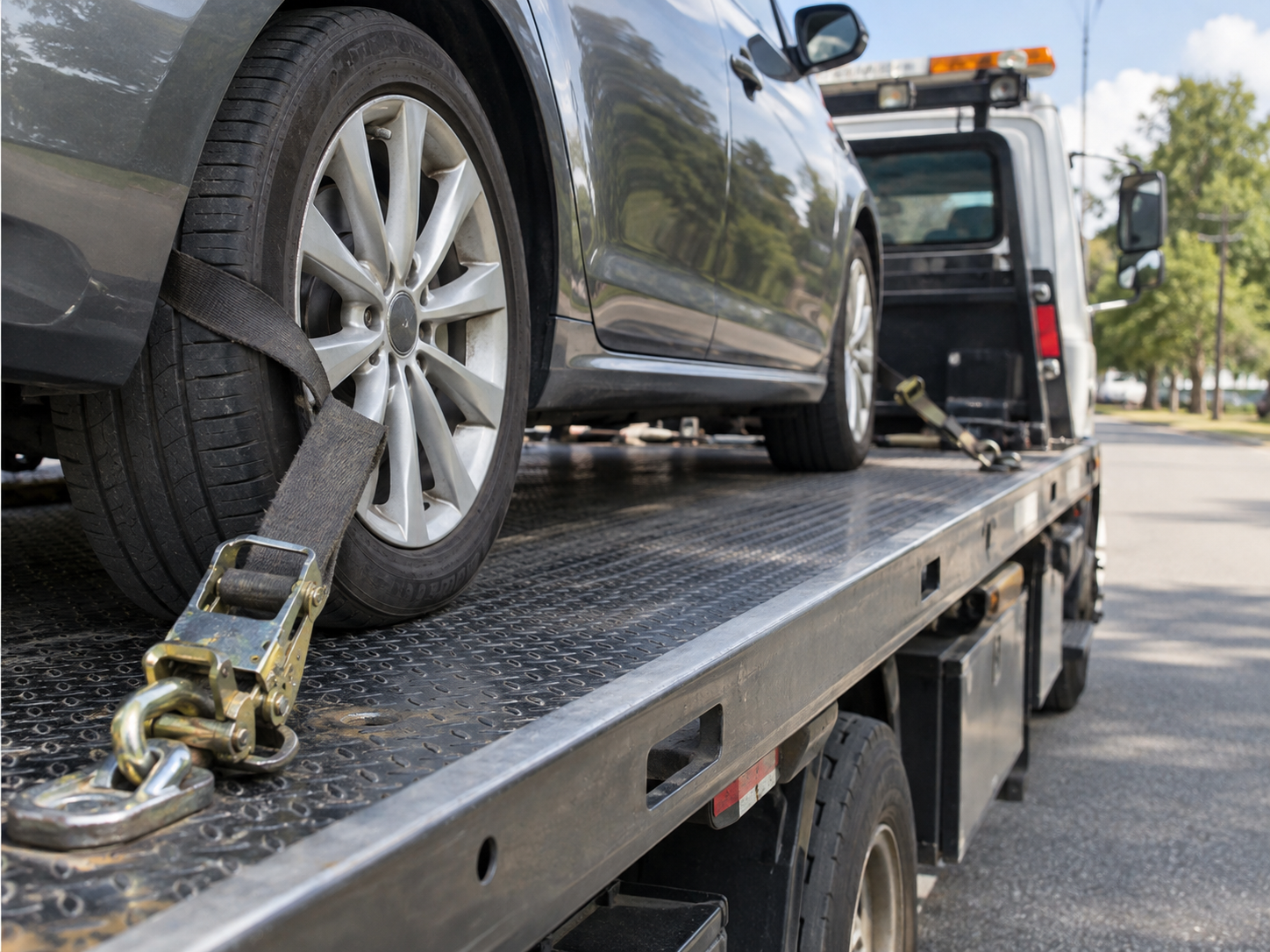 Close-up of a vehicle wheel secured to a flatbed with a heavy-duty tie-down strap