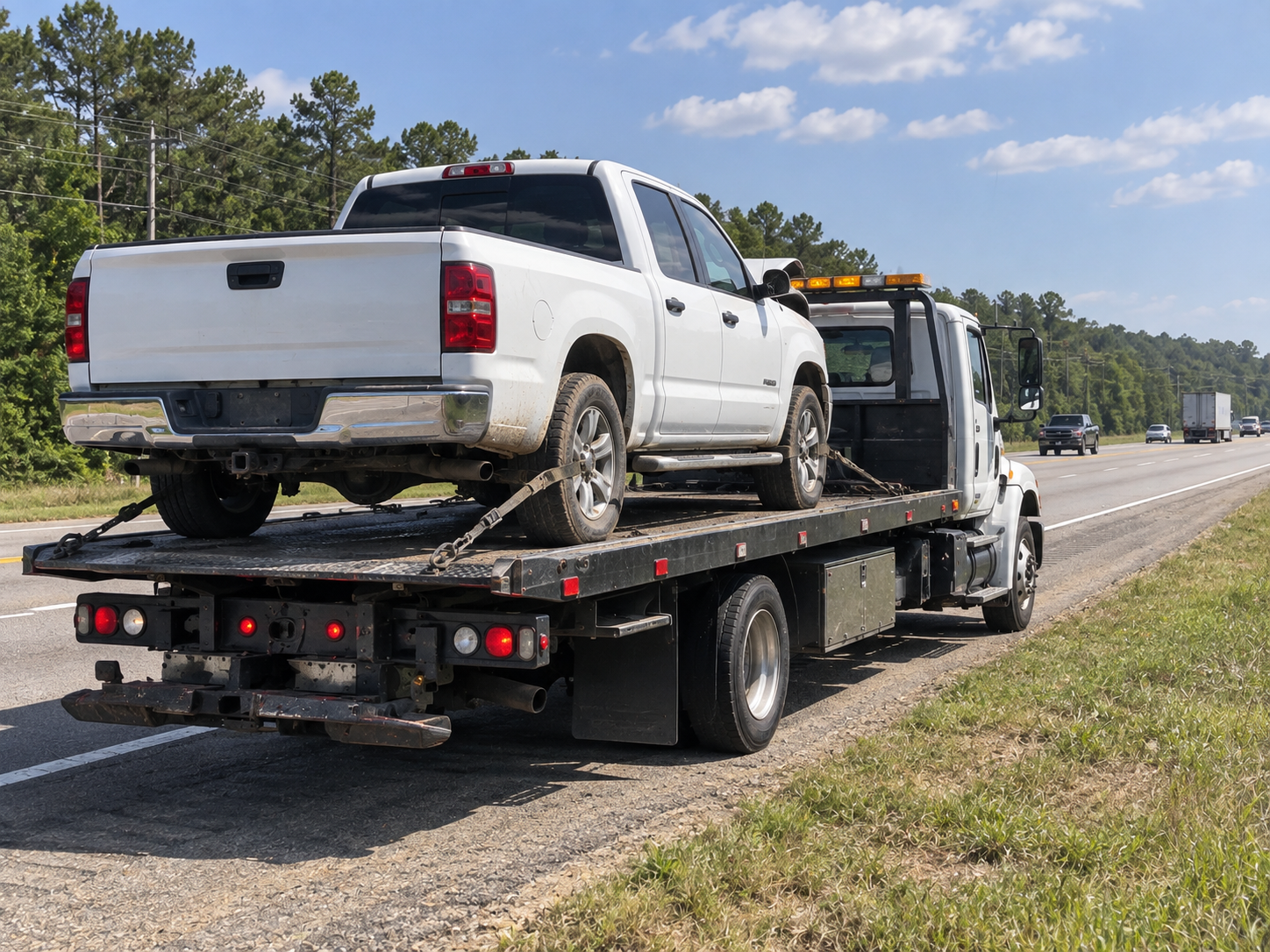 White pickup being transported on a flatbed tow truck along a highway